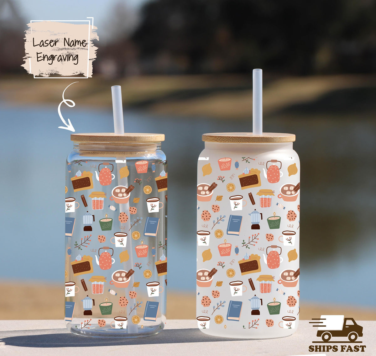 Personalized Book Lover Glass Tumbler: Engraved Bamboo Lid, Straw & Custom Name
