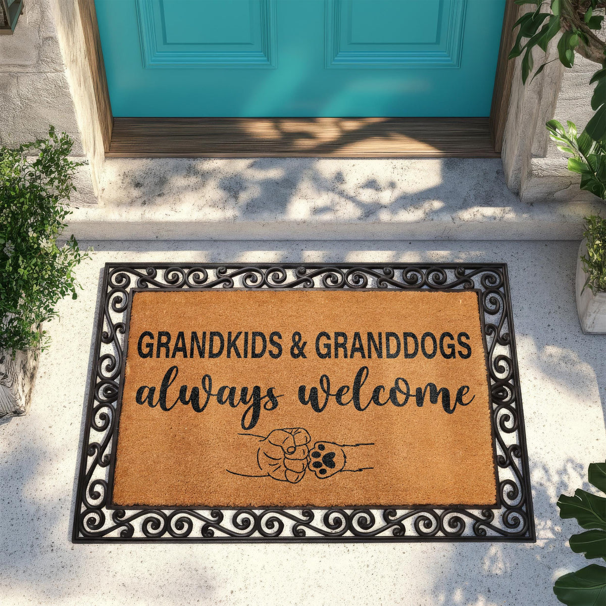 Grandkids & Granddogs Always Welcome Doormat, Grandparents Welcome Mat, Cute Paw Fist Bump Housewarming Gift, Dogs Mom Front Porch Coir Rug