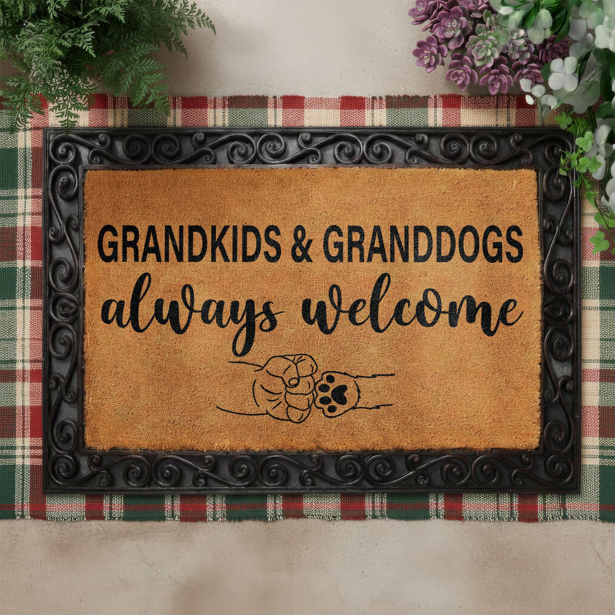 Grandkids & Granddogs Always Welcome Doormat, Grandparents Welcome Mat, Cute Paw Fist Bump Housewarming Gift, Dogs Mom Front Porch Coir Rug