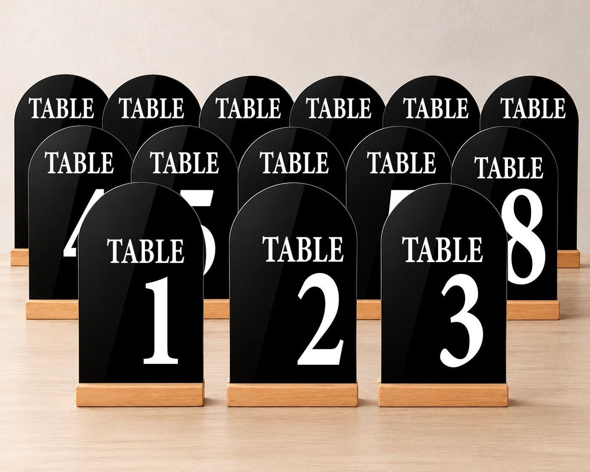 Custom Arch Acrylic Table Numbers with Wood Stand, Modern Reception Seating Decor