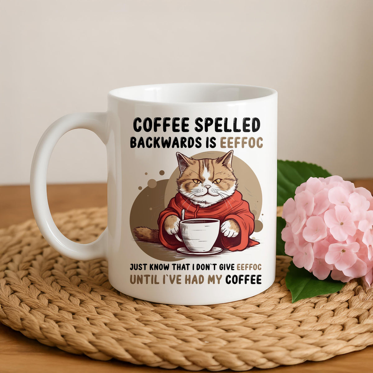 Coffee Spelled Backwards Is Eeffoc Cup, Funny Cat Coffee Mug, Cute Pet Ceramic Cup