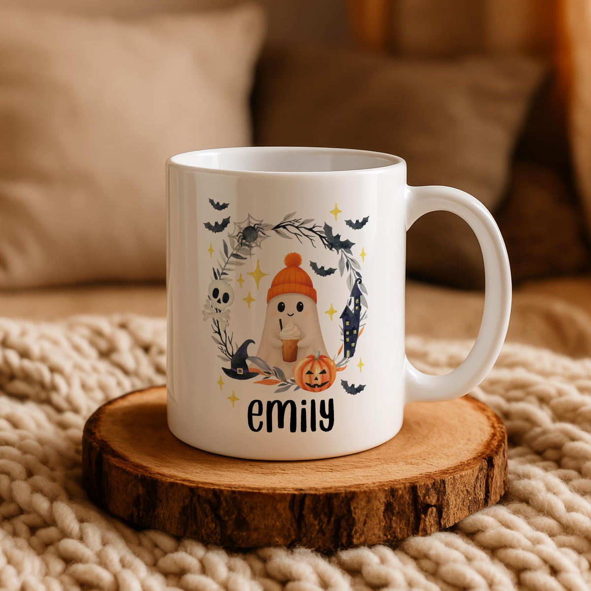 Customizable Orange Hat Ghost Ceramic Cup, Cute Halloween Drinkware
