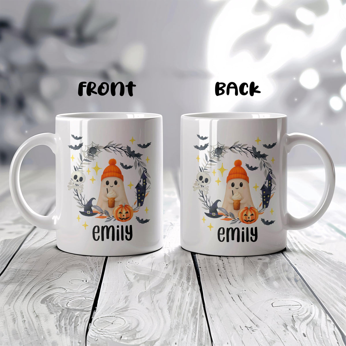 Customizable Orange Hat Ghost Ceramic Cup, Cute Halloween Drinkware
