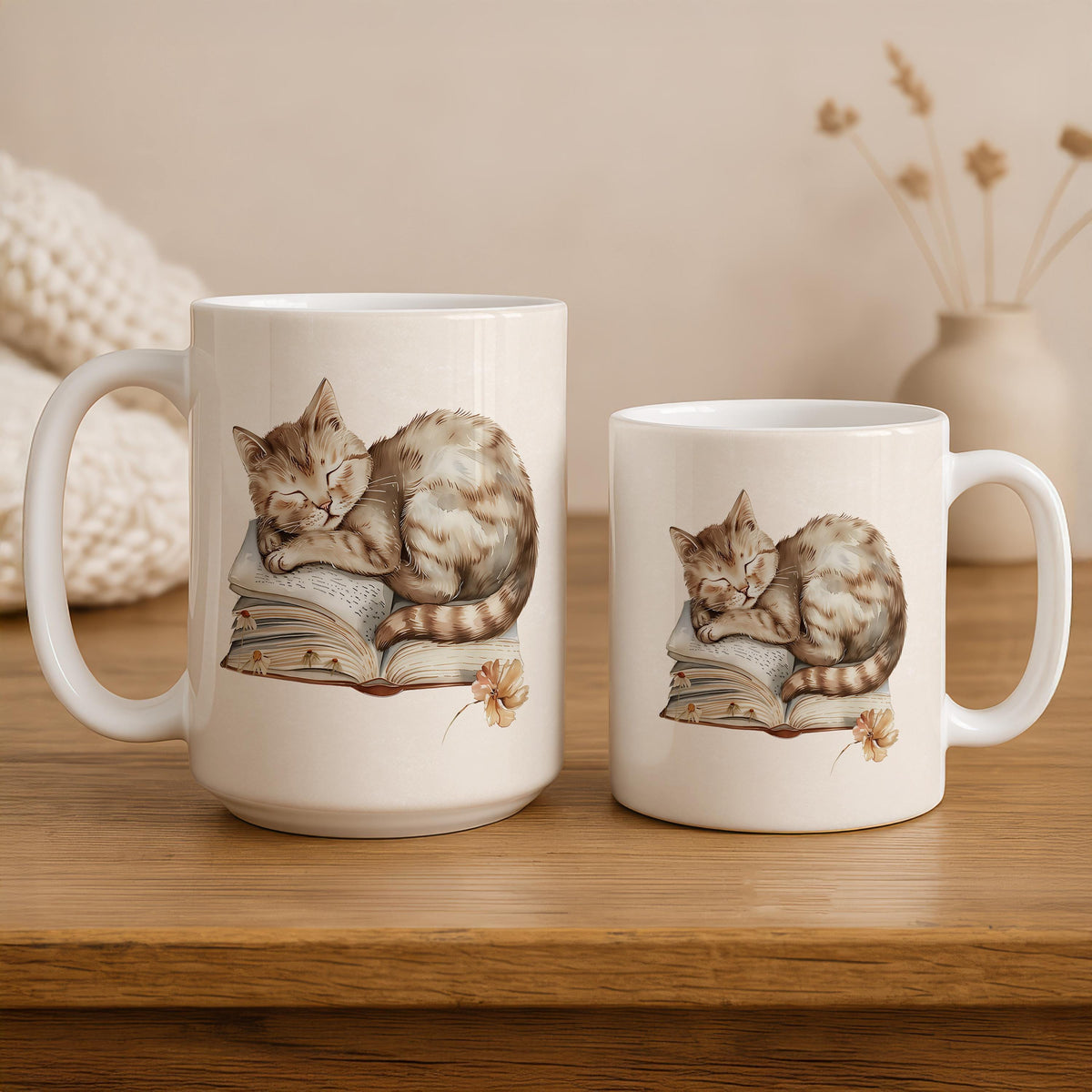 Cat Sleeping On Book Designed Ceramic Mug, Cozy Reading Theme Coffee Mug