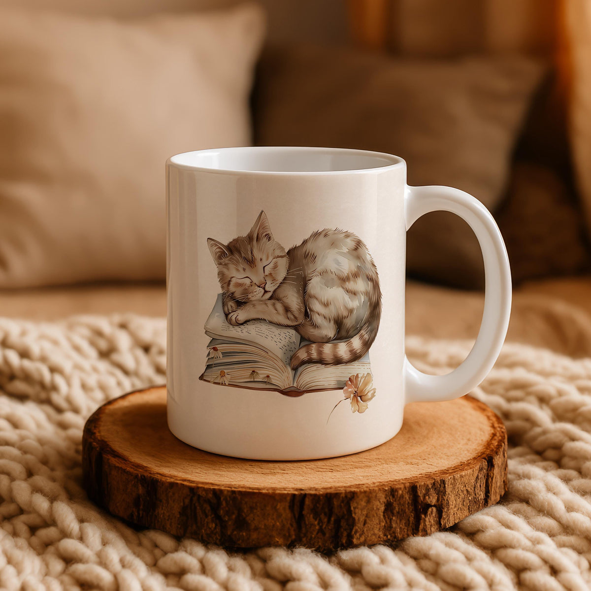 Cat Sleeping On Book Designed Ceramic Mug, Cozy Reading Theme Coffee Mug