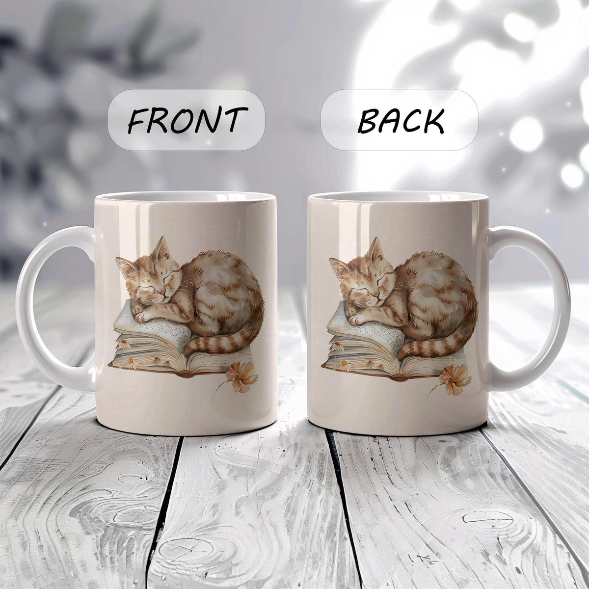 Cat Sleeping On Book Designed Ceramic Mug, Cozy Reading Theme Coffee Mug