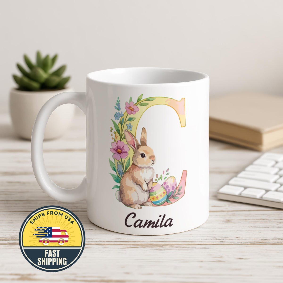 Custom Floral Alphabet Easter Ceramic Mug, Personalized Easter Bunny Initial Letter Cup