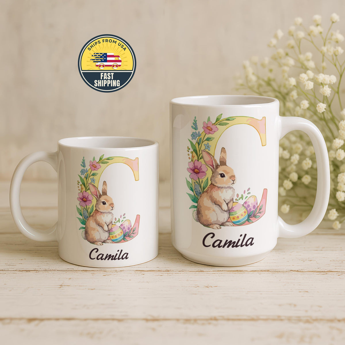 Custom Floral Alphabet Easter Ceramic Mug, Personalized Easter Bunny Initial Letter Cup