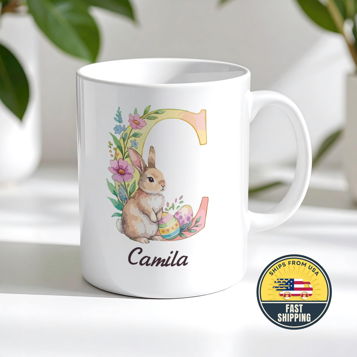 Custom Floral Alphabet Easter Ceramic Mug, Personalized Easter Bunny Initial Letter Cup