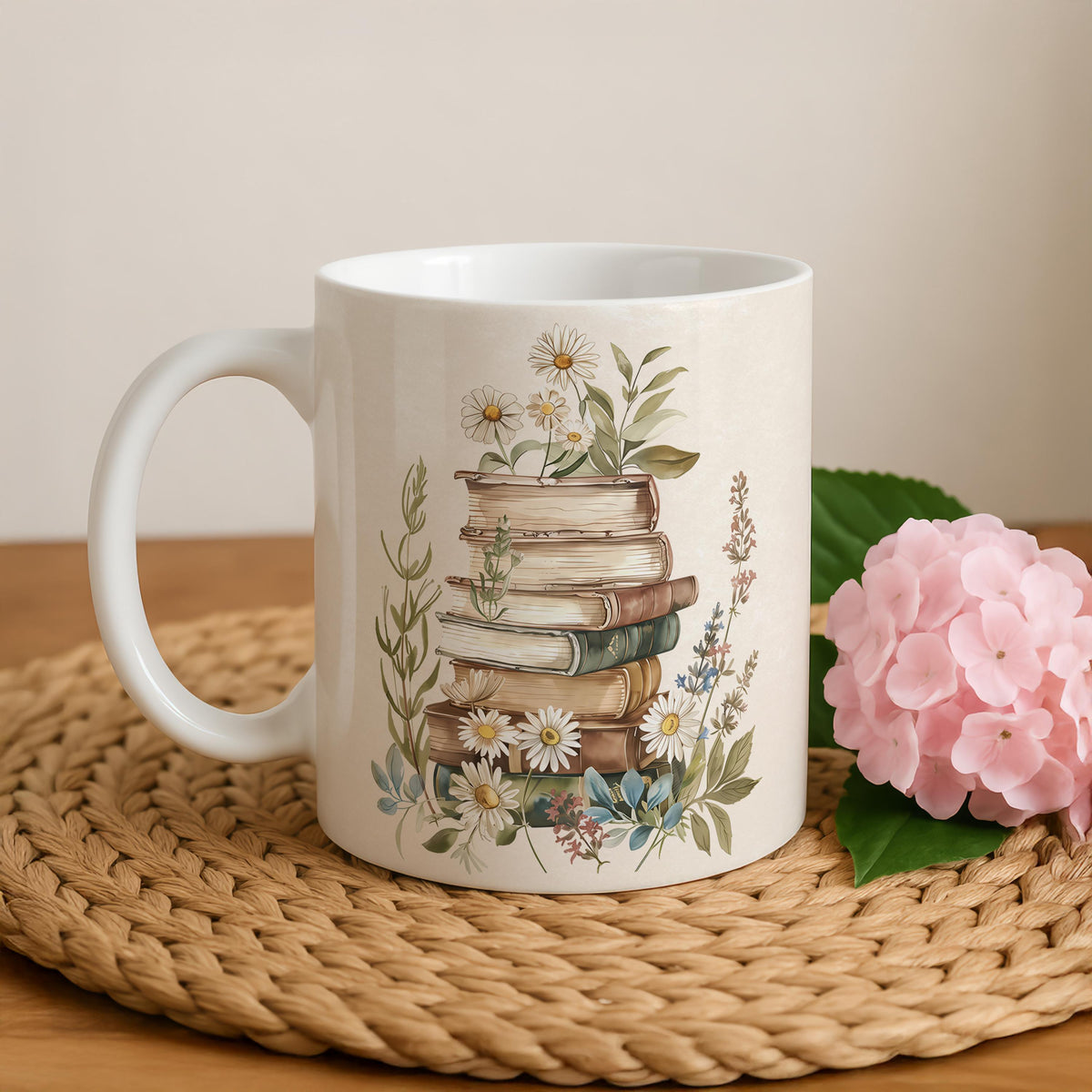 Vintage Looking Book Enthusiast Gift Coffee Cup, Daisy Flowers Book Lover Ceramic Mug