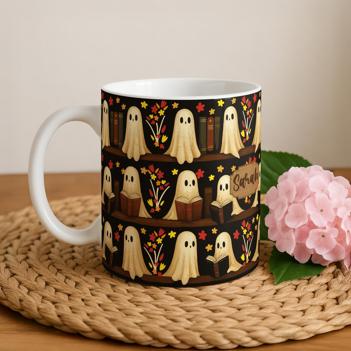 Custom Name Bookworm Ghost Ceramic Cup, Floral Ghost Design Coffee Mug