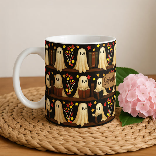 Custom Name Bookworm Ghost Ceramic Cup, Floral Ghost Design Coffee Mug
