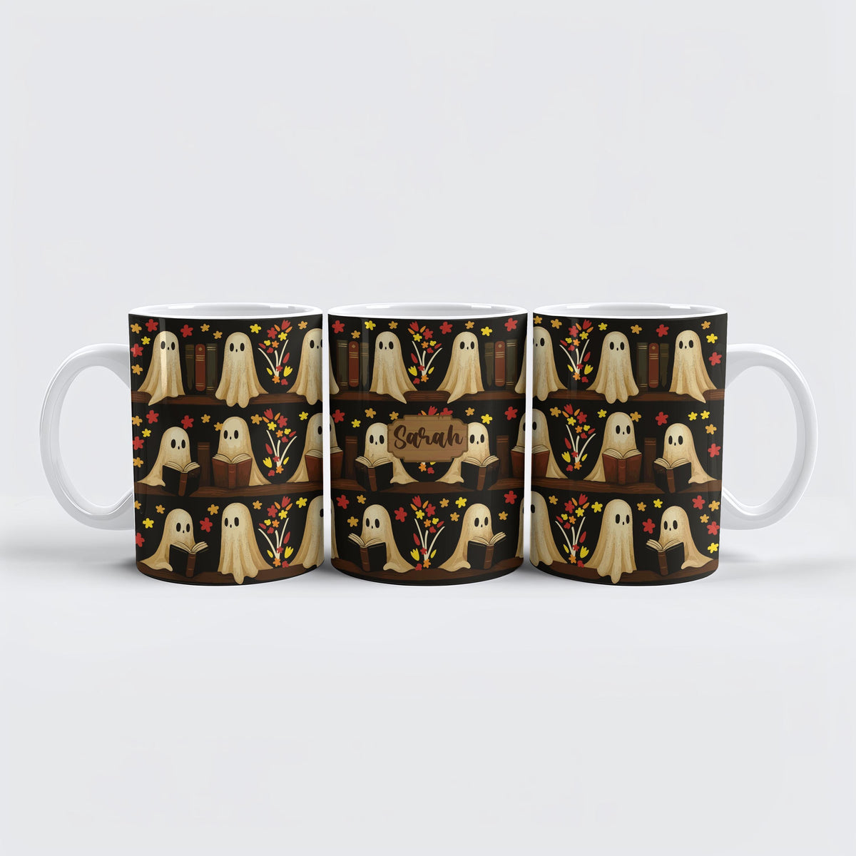 Custom Name Bookworm Ghost Ceramic Cup, Floral Ghost Design Coffee Mug