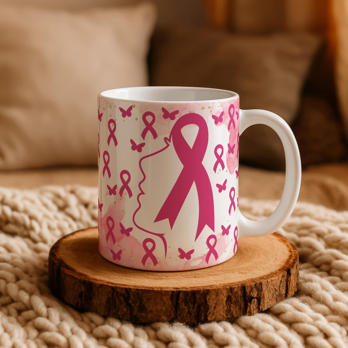 Breast Cancer Awareness Mug, Cute Pink Ribbon Survivor Gift Ceramic Cup