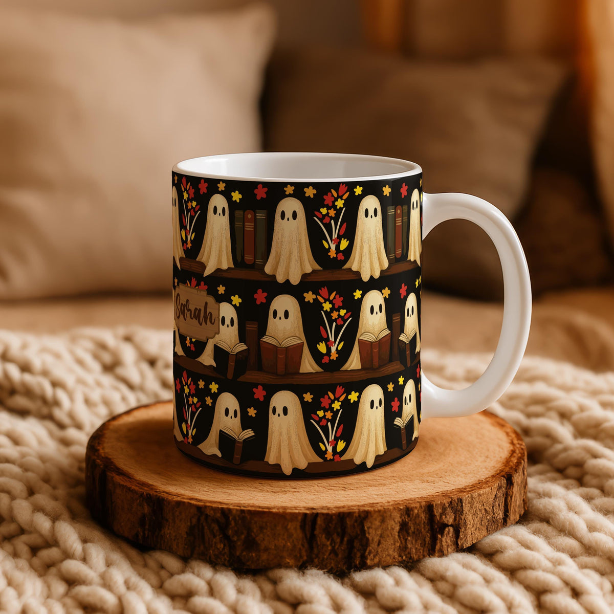 Custom Name Bookworm Ghost Ceramic Cup, Floral Ghost Design Coffee Mug