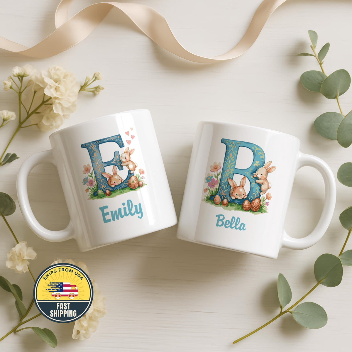 Personalized Bunny Name Mug, Bunny Design Ceramic Cup, Cute Easter Bunny Coffee Mug
