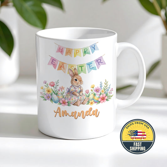 Custom Name Happy Easter Coffee Mug, Cute Easter Bunny Mug, Colorful Custom Bunny Mug