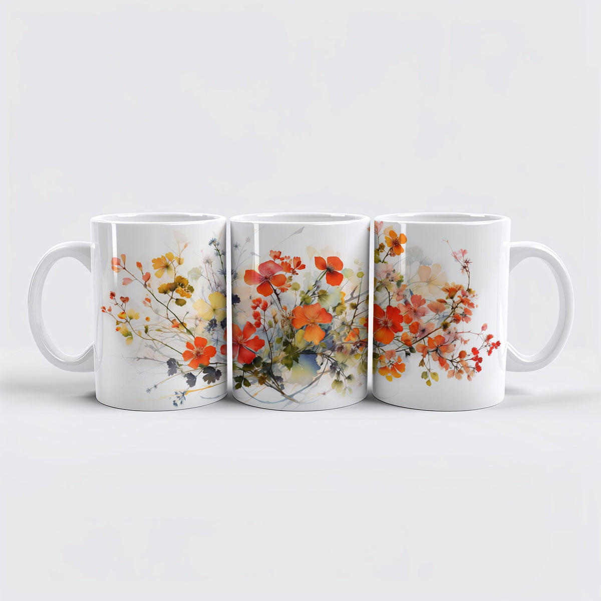 Orange Wildflowers Theme Coffee Mug, Aesthetic Water Color Floral Pottery Tea Cup