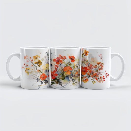 Orange Wildflowers Theme Coffee Mug, Aesthetic Water Color Floral Pottery Tea Cup
