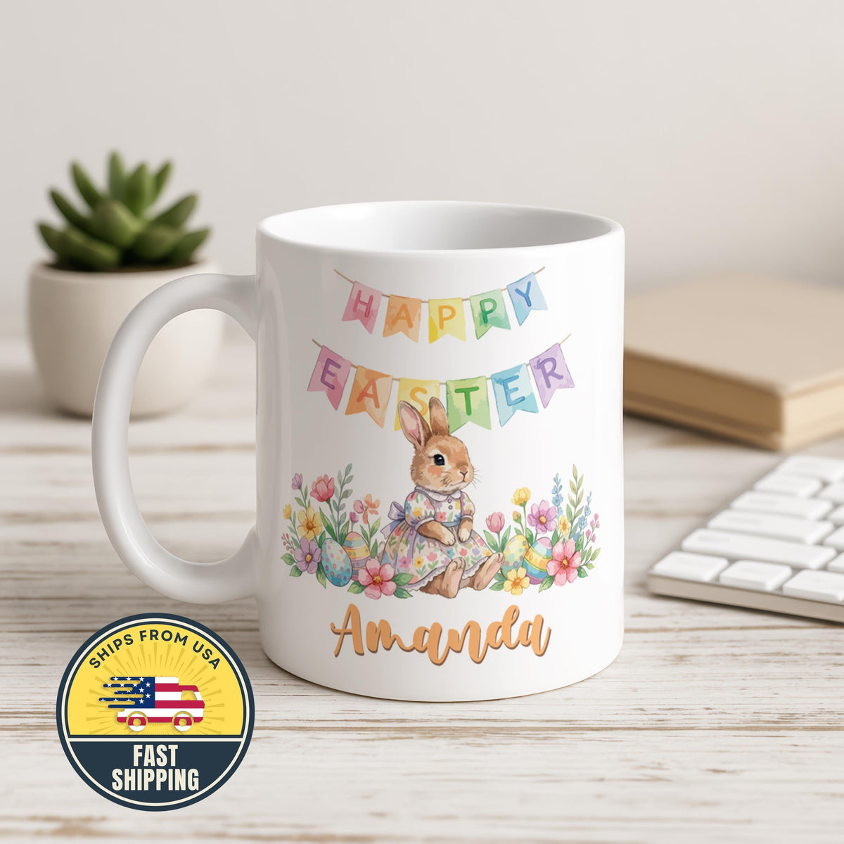 Custom Name Happy Easter Coffee Mug, Cute Easter Bunny Mug, Colorful Custom Bunny Mug