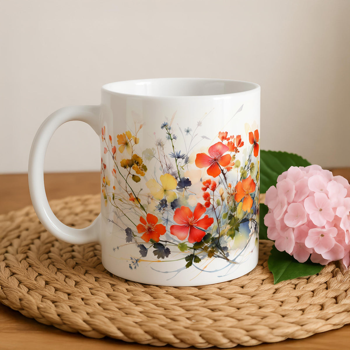 Orange Wildflowers Theme Coffee Mug, Aesthetic Water Color Floral Pottery Tea Cup