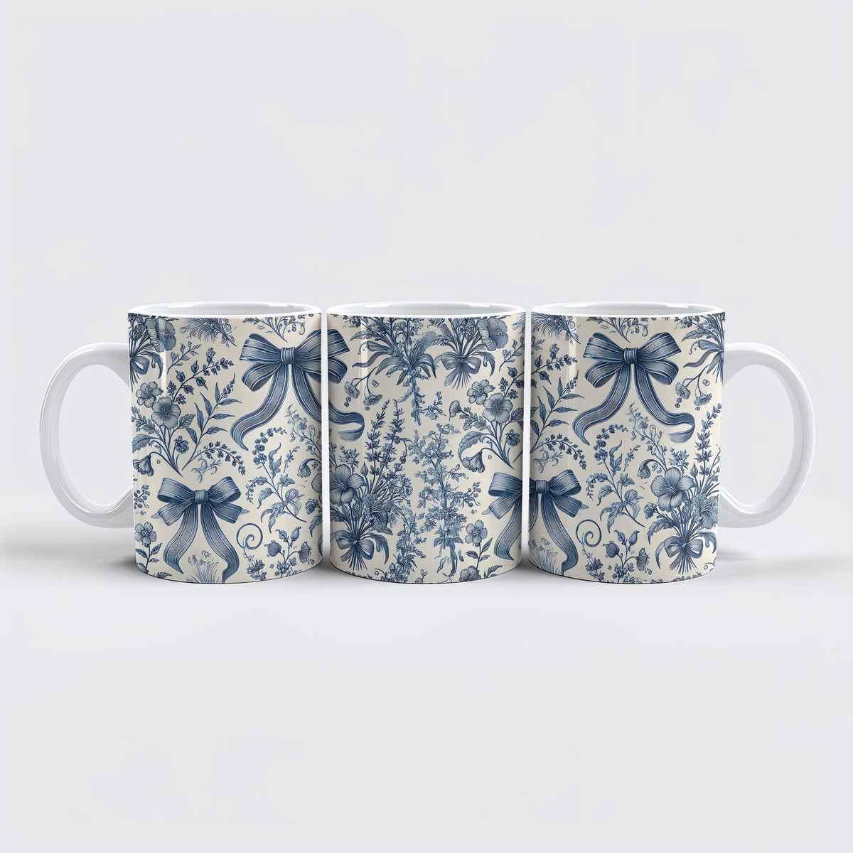 Blue Floral French Toile With Bows Design Coffee Mug, Aesthetic Coquette And Flower Ceramic Cup