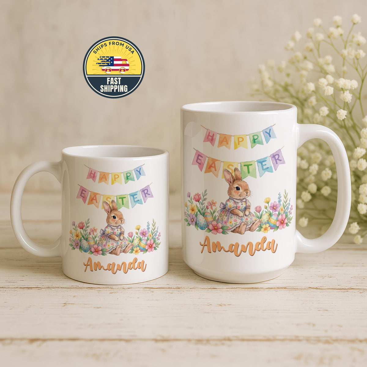 Custom Name Happy Easter Coffee Mug, Cute Easter Bunny Mug, Colorful Custom Bunny Mug