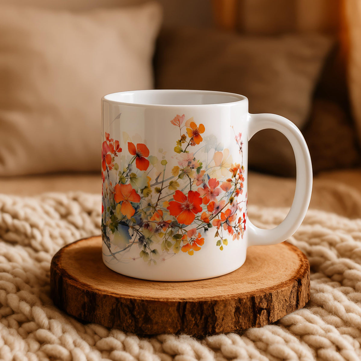 Orange Wildflowers Theme Coffee Mug, Aesthetic Water Color Floral Pottery Tea Cup