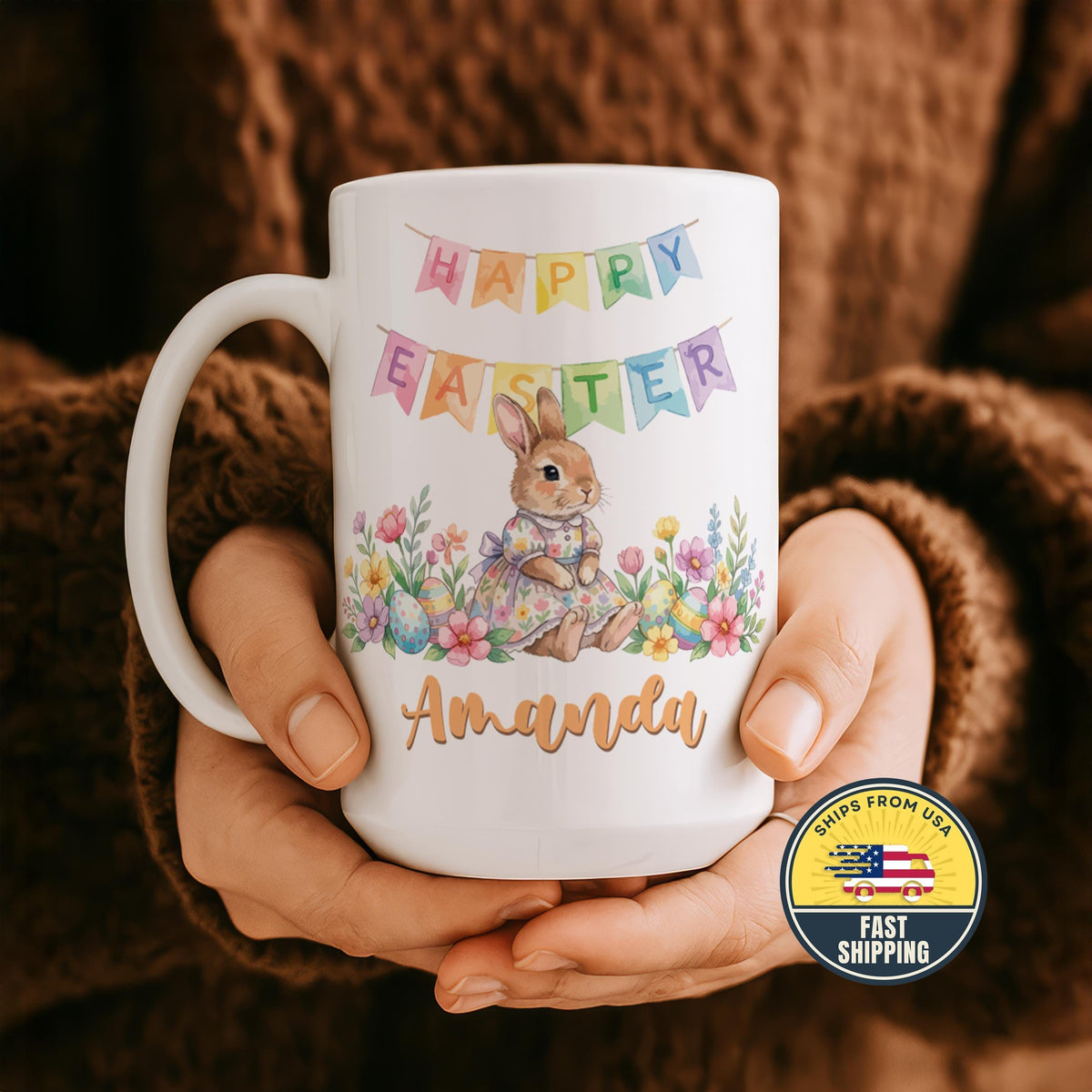 Custom Name Happy Easter Coffee Mug, Cute Easter Bunny Mug, Colorful Custom Bunny Mug