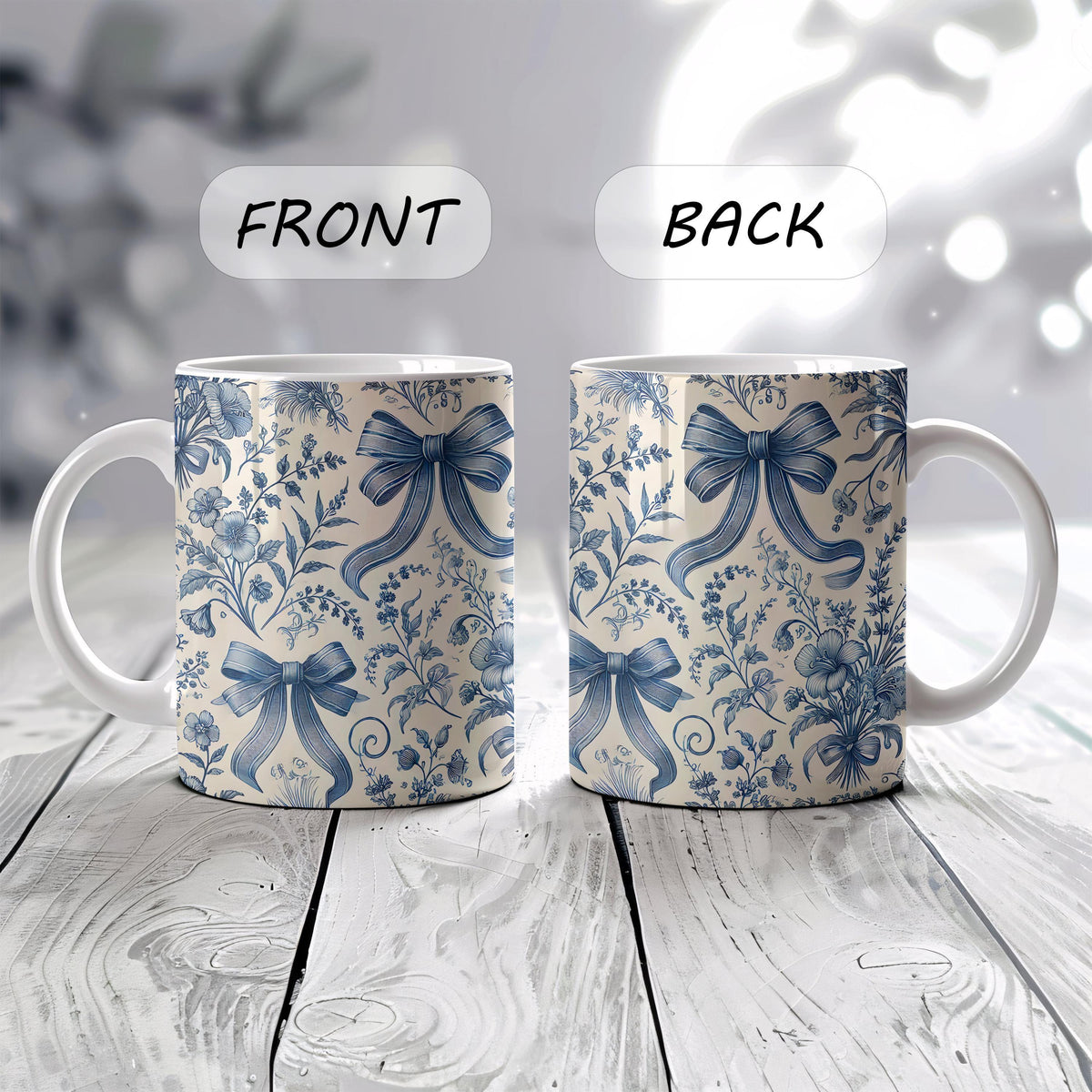 Blue Floral French Toile With Bows Design Coffee Mug, Aesthetic Coquette And Flower Ceramic Cup