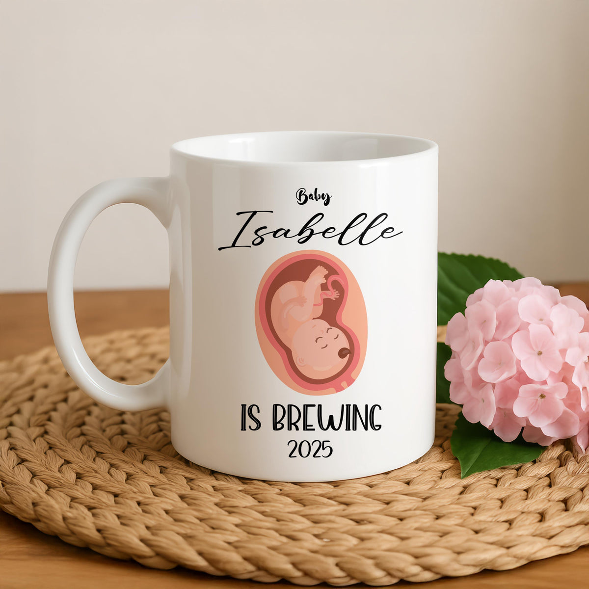 Custom Name Baby Is Brewing Ceramic Mug, Funny Pregnancy Reveal Gift