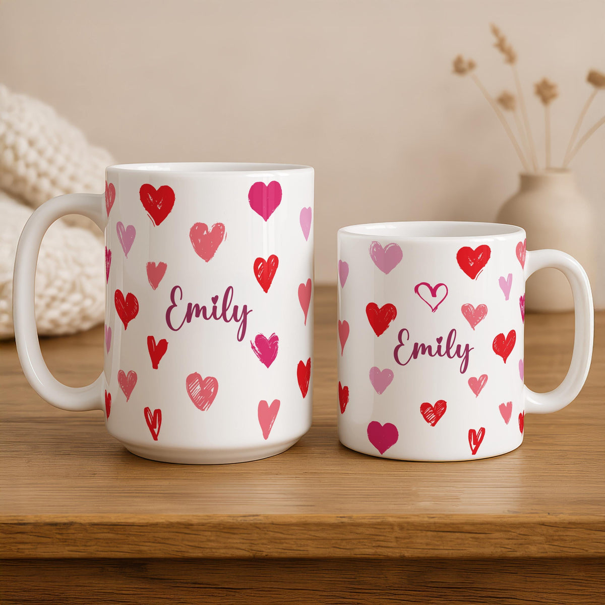 Personalized Pink Love Hearts Design Mug, Custom Name Valentine's Day Gift