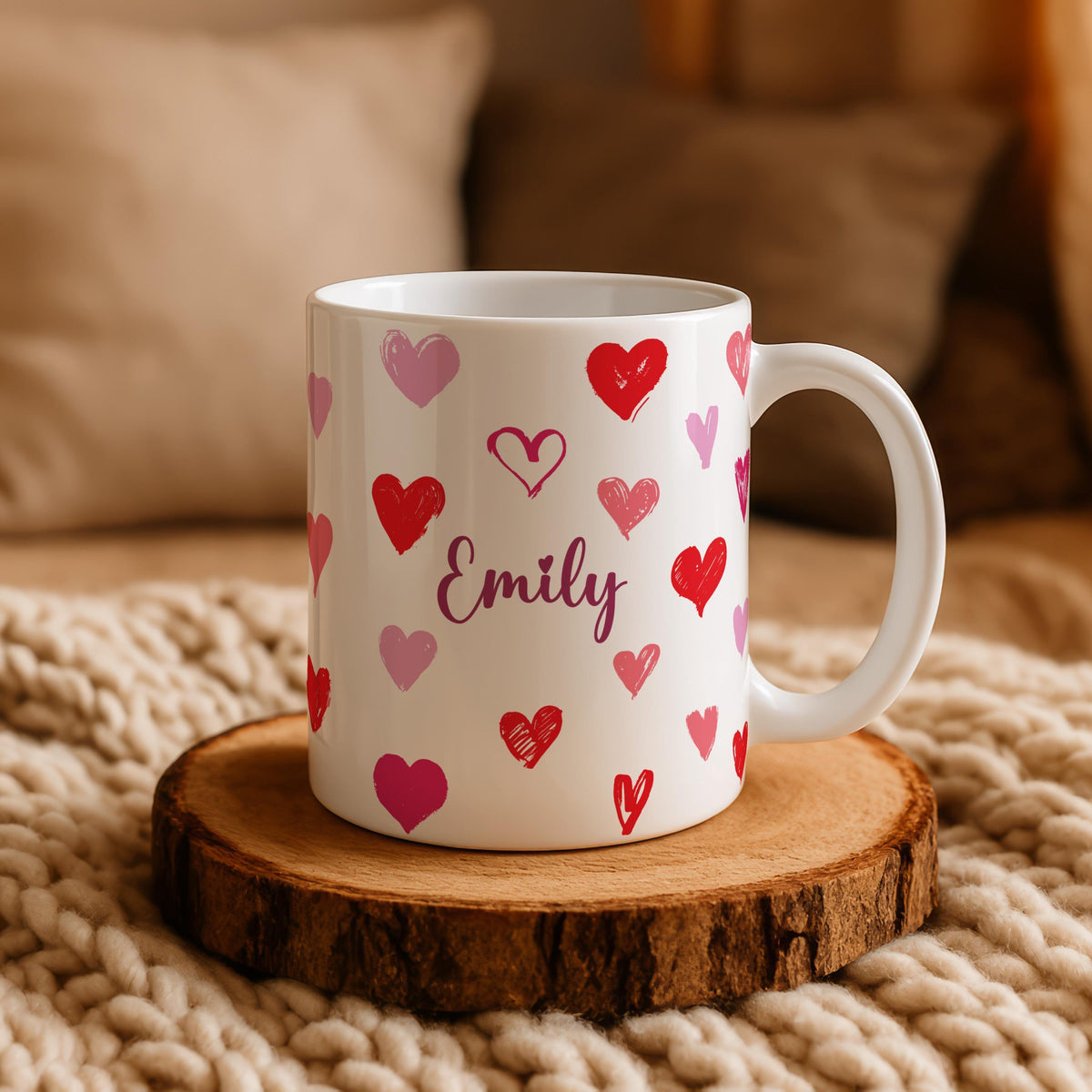 Personalized Pink Love Hearts Design Mug, Custom Name Valentine's Day Gift