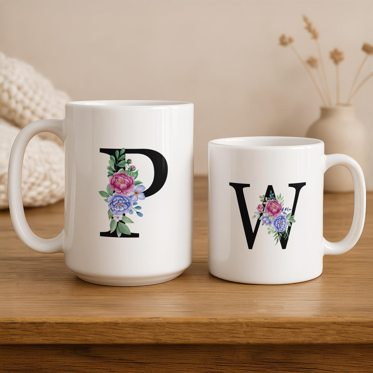 Personalizable Monogrammed Coffee Mug, Unique Floral Initials Design Ceramic Cup