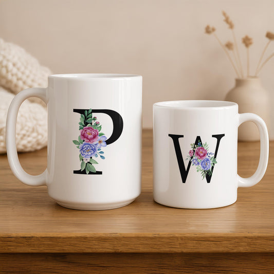 Personalizable Monogrammed Coffee Mug, Unique Floral Initials Design Ceramic Cup