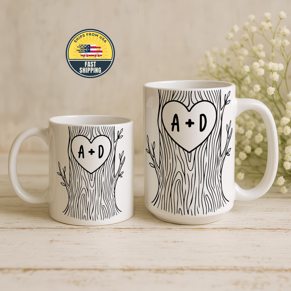 Personalized Couple Tree Mug, Custom Wedding Gift, Carved Initials In A Heart Tree Lover Mug