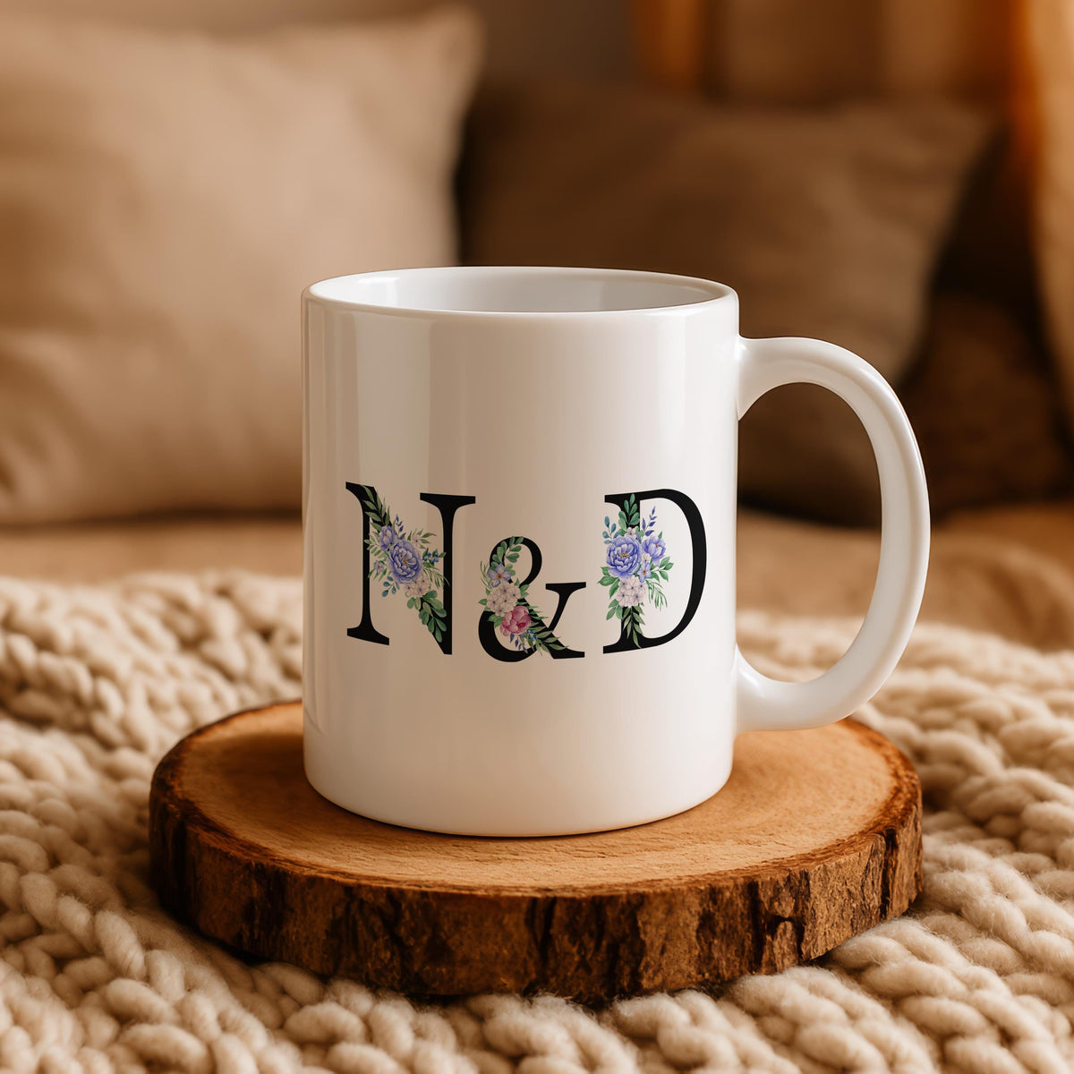 Personalizable Monogrammed Coffee Mug, Unique Floral Initials Design Ceramic Cup