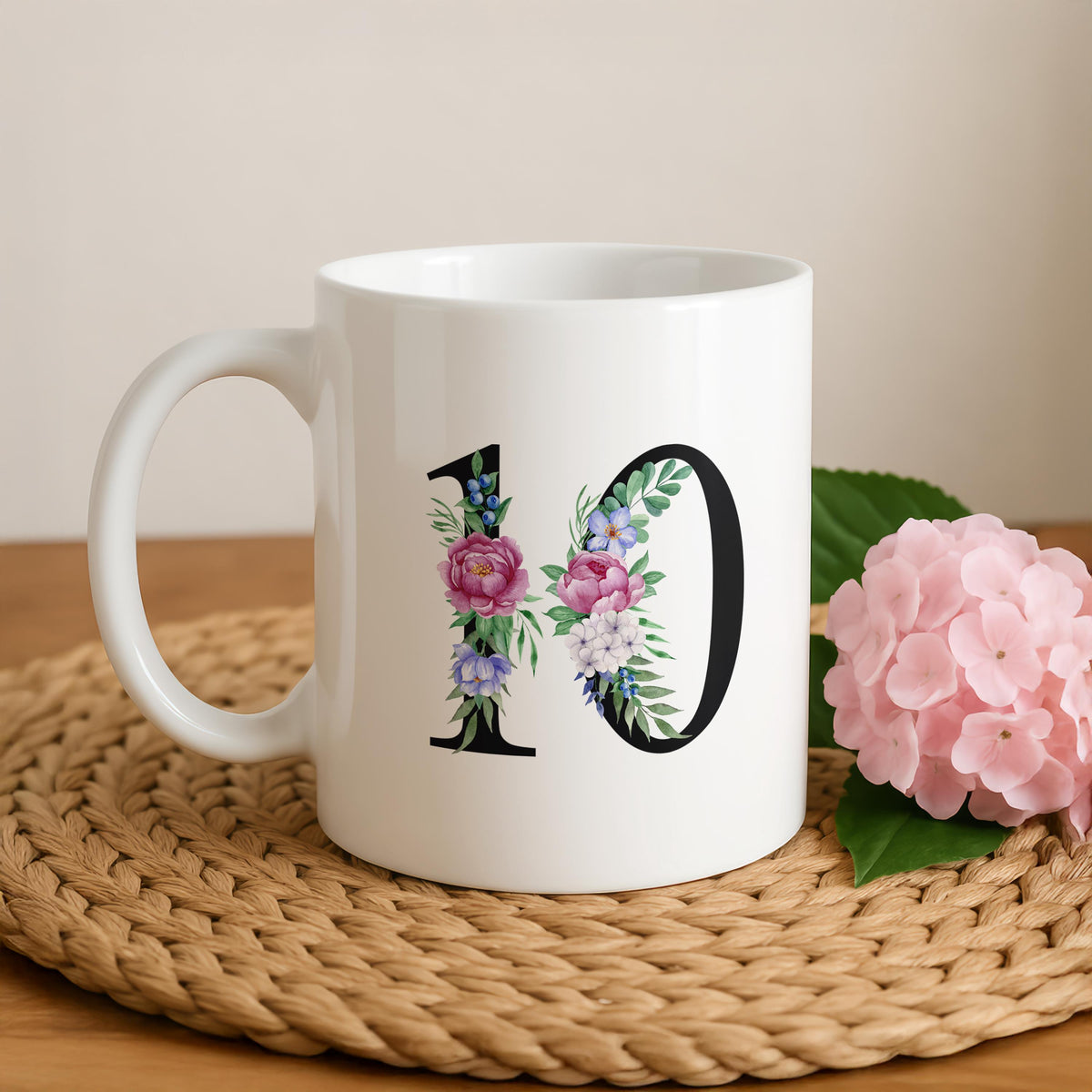 Personalizable Monogrammed Coffee Mug, Unique Floral Initials Design Ceramic Cup