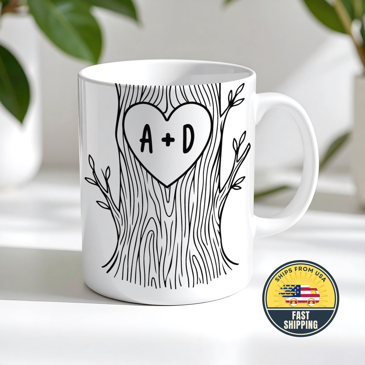 Personalized Couple Tree Mug, Custom Wedding Gift, Carved Initials In A Heart Tree Lover Mug