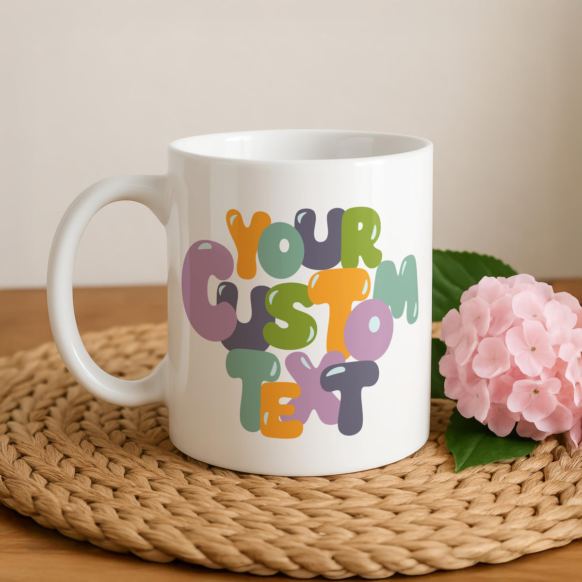 Custom Text Groovy Design Coffee Mug, Bubble Lettering Font Ceramic Cup