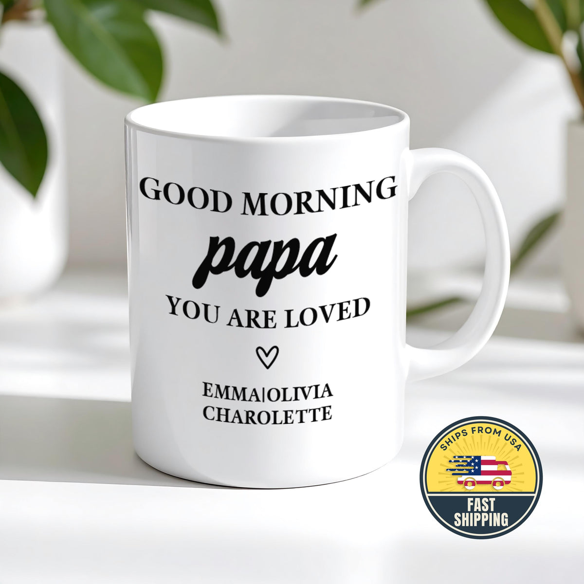 Good Morning Papa Mug, Personalized Coffee Cup with Children Names