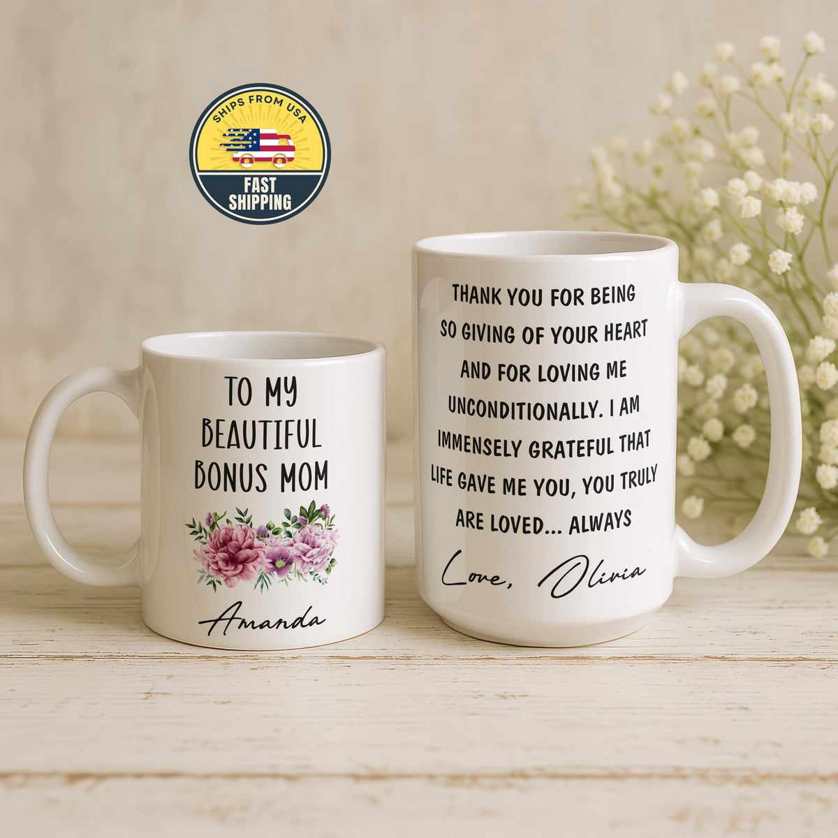 Custom Floral Bonus Mom Mug, Stepmom Mothers Day Gift, Mother’s Day Coffee Mug