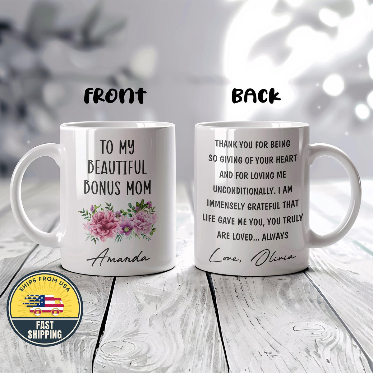 Custom Floral Bonus Mom Mug, Stepmom Mothers Day Gift, Mother’s Day Coffee Mug