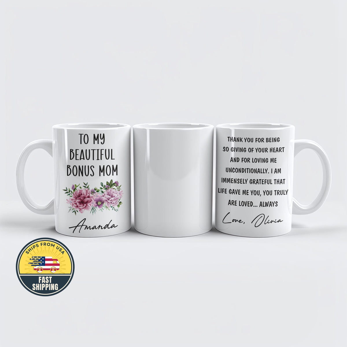 Custom Floral Bonus Mom Mug, Stepmom Mothers Day Gift, Mother’s Day Coffee Mug