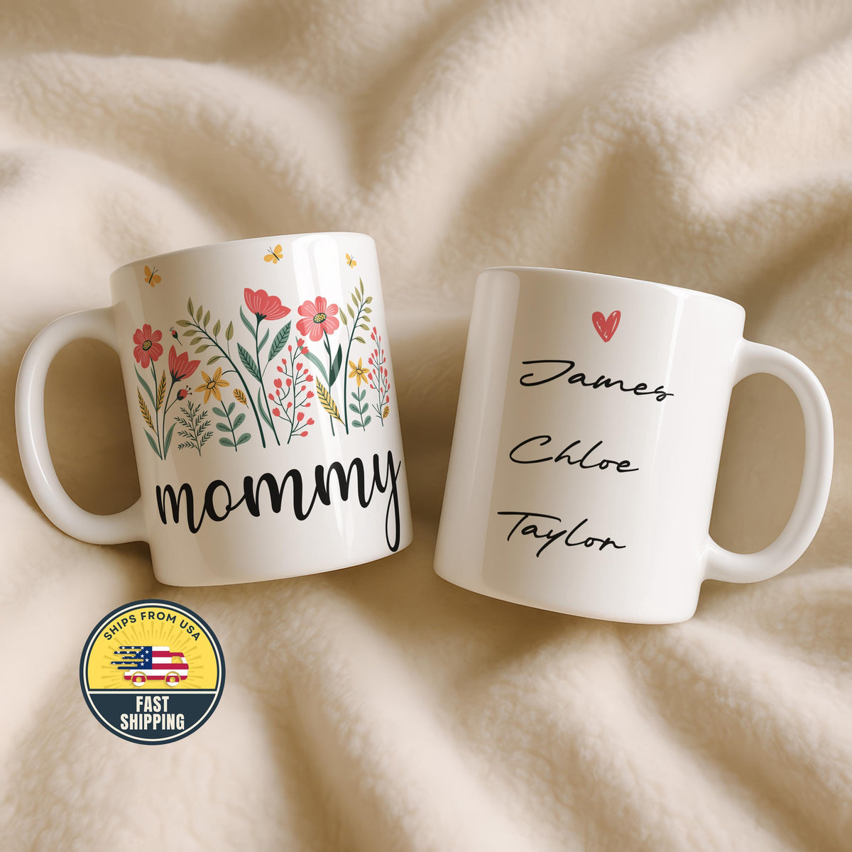 Mommy Mug with Kids Names, Floral Mom Coffee Mug, Personalized Wildflower Momy Mug