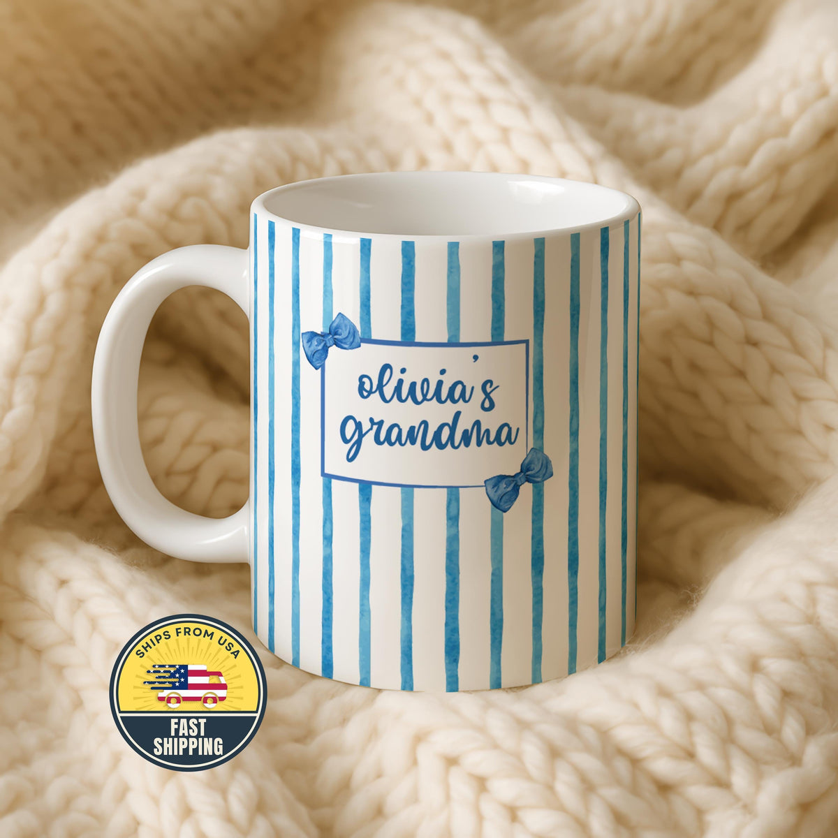 Custom Blue Coquette Grandma Mug, Blue Bow Ceramic Coffee Mug, Personalized Grandma Cup