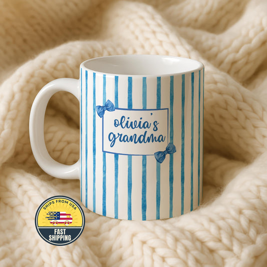 Custom Blue Coquette Grandma Mug, Blue Bow Ceramic Coffee Mug, Personalized Grandma Cup
