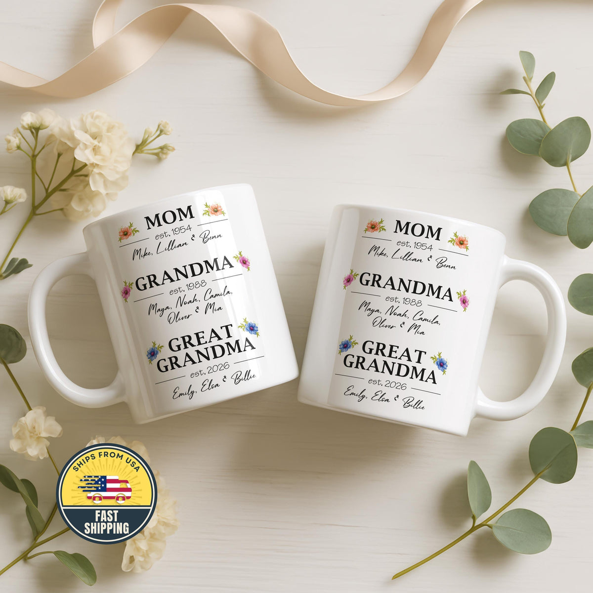 Personalized Mom Grandma Great Grandma Mug, Custom Family Names Coffee Mug