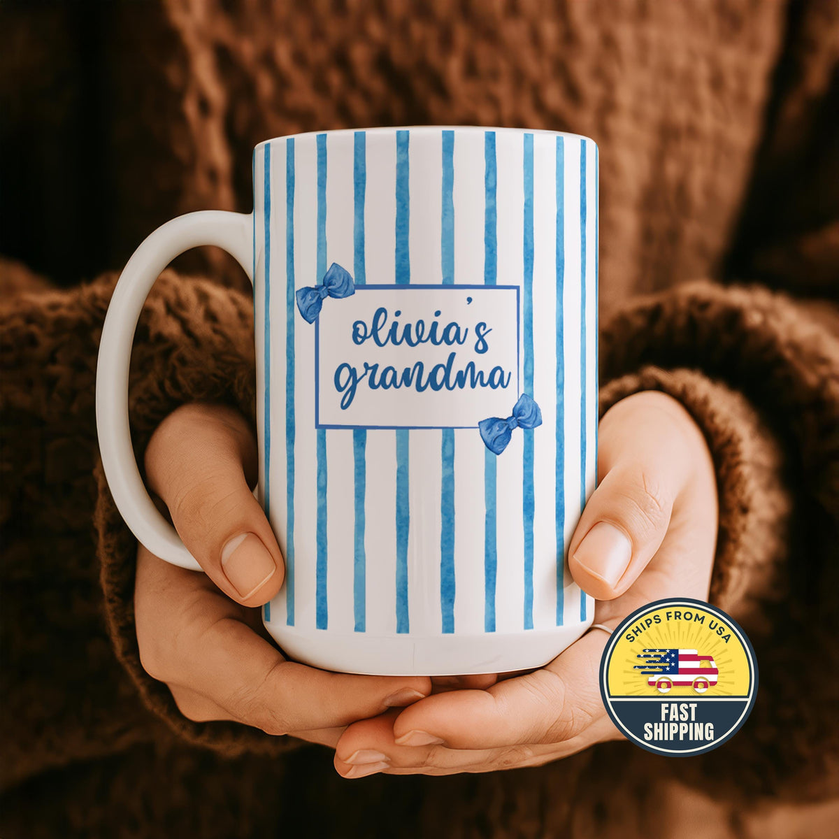 Custom Blue Coquette Grandma Mug, Blue Bow Ceramic Coffee Mug, Personalized Grandma Cup