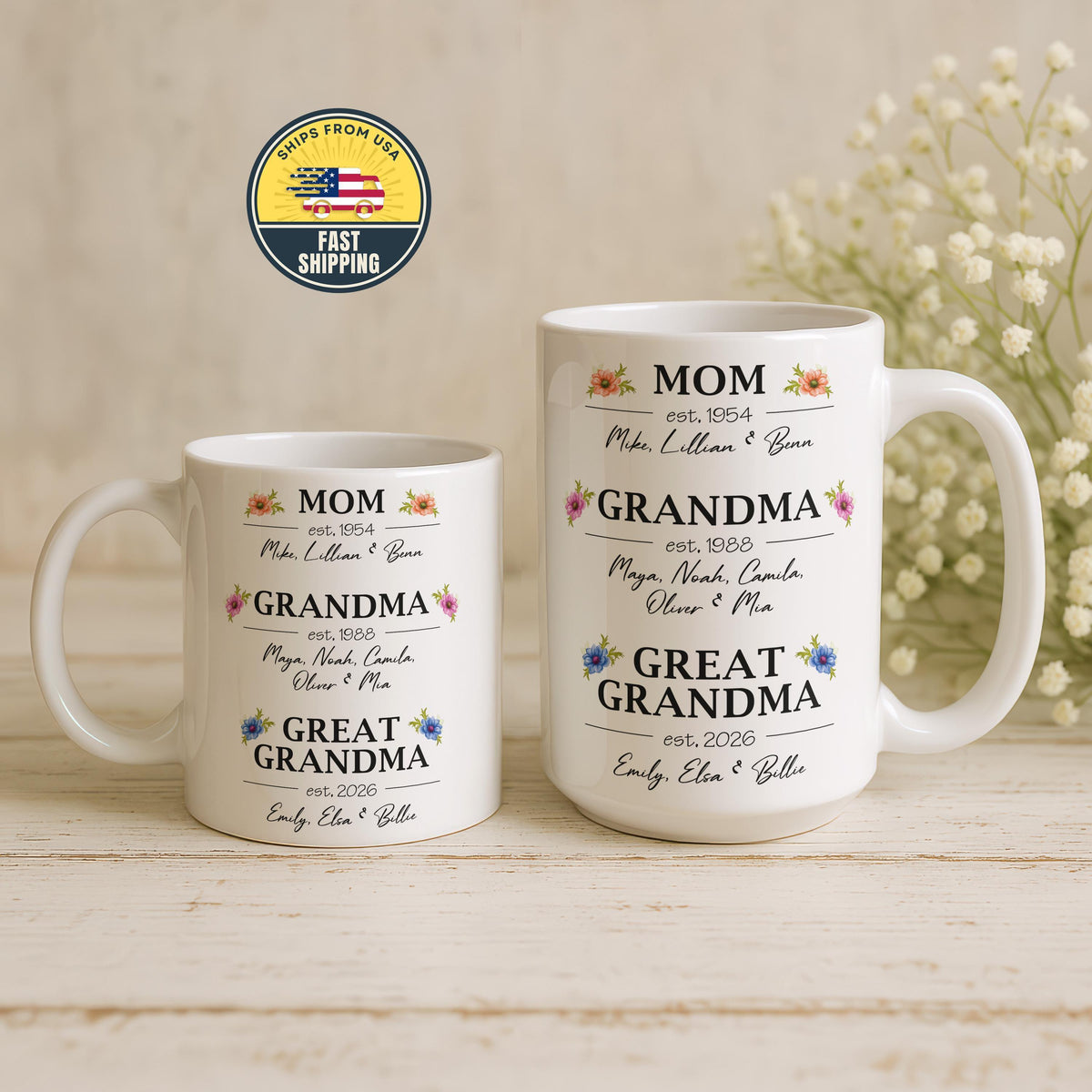 Personalized Mom Grandma Great Grandma Mug, Custom Family Names Coffee Mug